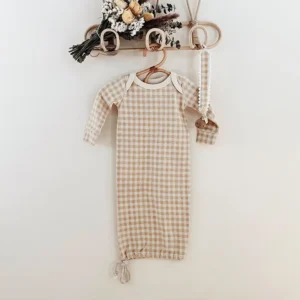 beige gingham newborn sleeping gown cotton drawstring baby bag