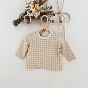 beige gingham long sleeve top neutral baby shirt with shoulder snaps