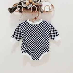 checkered kangaroo pocket bodysuit black and white neutral baby clothes