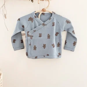 blue ribbed bear print kimono bodysuit newborn wrap top