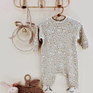 polar fleece raglan footed romper with ears animal print