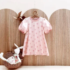 heart print baby dress pink puff sleeves A-line summer outfit