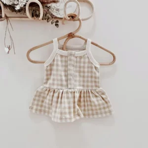 beige gingham baby tank top snap front peplum hem sleeveless