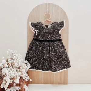 black ditsy floral baby dress lace trim flutter sleeves
