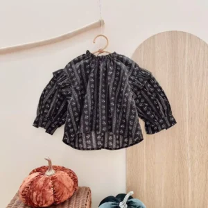 black floral stripe baby blouse ruffle neck balloon sleeves autumn