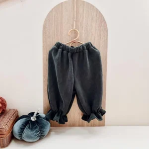 charcoal grey corduroy baby pants ruffle ankle autumn
