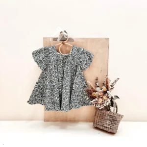 dark green ditsy floral baby dress puff sleeve swing skirt