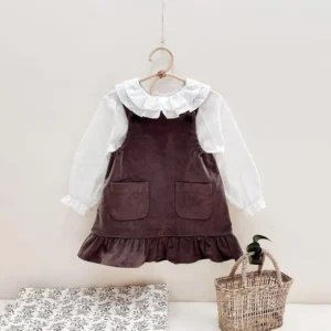 brown corduroy baby dress pinafore white ruffle collar top