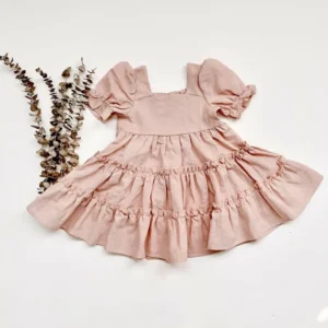 dusty pink tiered baby dress square neck puff sleeves