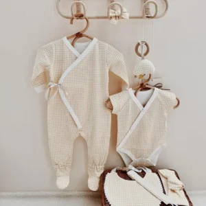 beige gingham baby gift set kimono jumpsuit bodysuit bib hat