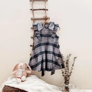 grey plaid baby pinafore dress double breasted ruffle shoulders