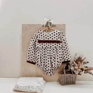 polka dot baby bubble romper long sleeve ruffle detail burgundy white