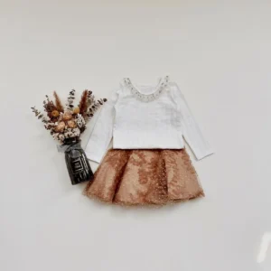 white ribbed baby top tulle neckline brown beaded floral tulle skirt set