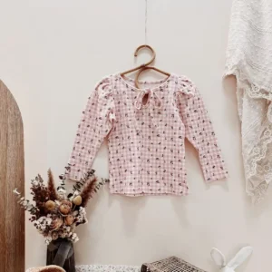 pink gingham baby top waffle knit tie front floral long sleeve