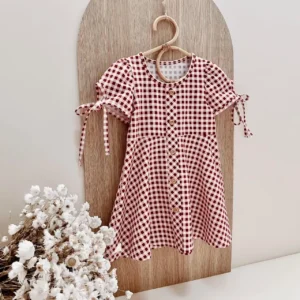 burgundy gingham baby dress tie sleeves button front summer outfit
