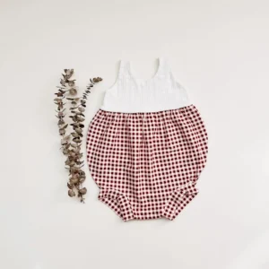 white ribbed knit baby romper red gingham bubble bottom sleeveless