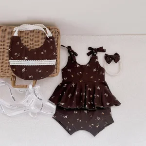 dark coffee floral baby summer set lace bib bow headband