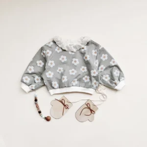 sage green daisy print baby sweatshirt lace collar long sleeve