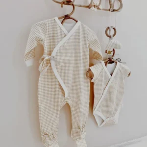 beige gingham baby jumpsuit kimono side tie footed bodysuit