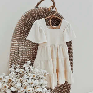 ribbed baby dress flutter sleeve tiered skirt cream