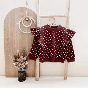 polka dot baby sweatshirt burgundy red ruffle shoulders long sleeve