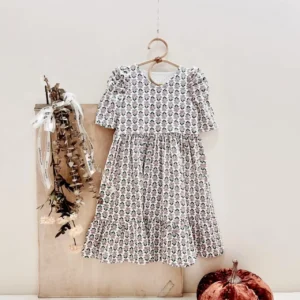 purple floral baby dress puff sleeve tiered skirt