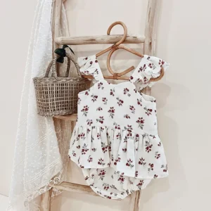 wine red floral baby romper ruffle straps peplum skirt