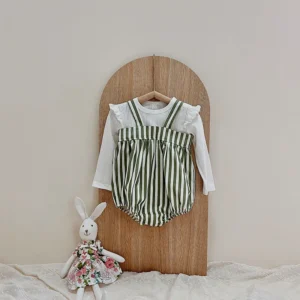green striped suspender baby romper bubble fit