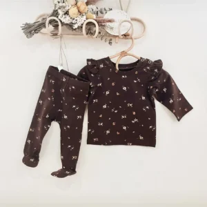 vintage floral baby set ruffle shoulder footed leggings brown
