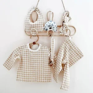 beige gingham baby lounge set 4-piece cotton bib headband