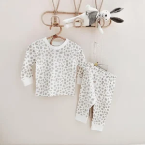 spotted print baby lounge set tan and white long sleeve