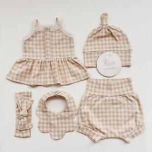 beige gingham baby summer set bloomers hat bib headband
