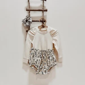 ribbed girl top puff shoulders cream long sleeve