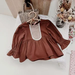 vintage girl blouse brown gingham patchwork lace trim