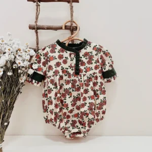 vintage rose baby romper green ruffled trim bubble fit