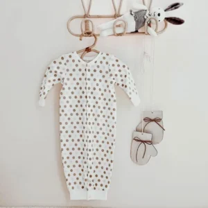 polka dot baby sleep gown long sleeve cream and tan