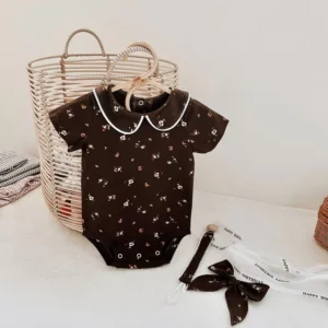 dark coffee floral baby bodysuit peter pan collar white trim