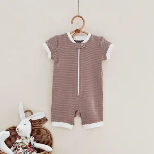 striped baby romper zip front short sleeve