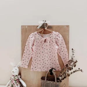 pink gingham floral girl top waffle knit tie front