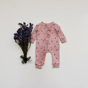 ribbed floral ruffle baby jumpsuit zip front