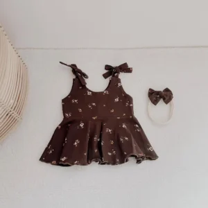 dark coffee floral peplum top tie shoulder bows baby girl