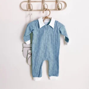 steel blue fine stripe baby jumpsuit white polo collar long sleeve