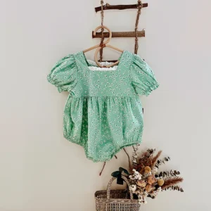mint green floral baby romper puff sleeve bubble fit