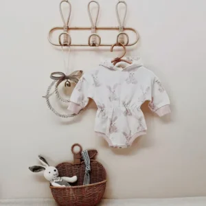 bunny print hooded baby romper pink ribbed cuffs