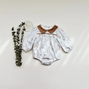 bunny print baby romper brown peter pan collar long sleeve