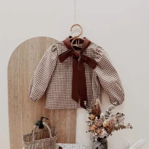 brown gingham girl shirt bow tie lantern sleeve