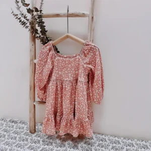 vintage floral baby dress long puff sleeve square neck