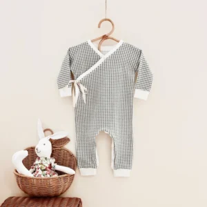 olive gingham baby jumpsuit kimono side tie sage green